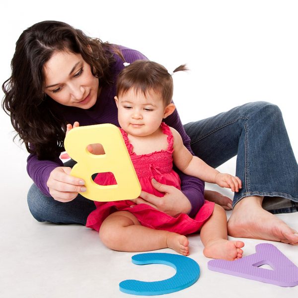 Mom & baby playing with foam letters